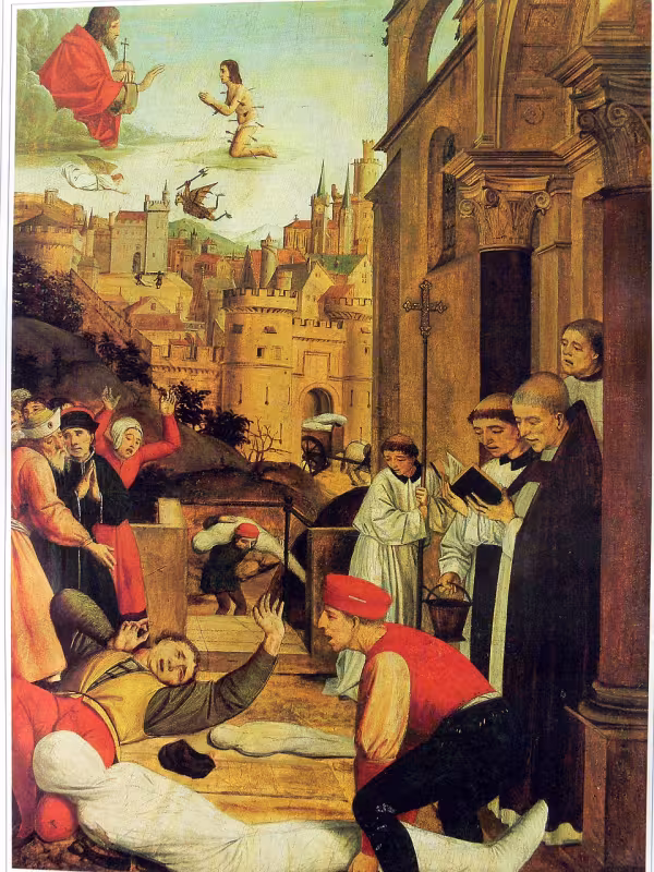St. Sebastian pleads for the life of a victim of the plague of Justinian, Josse Lieferinxe, circa 1497